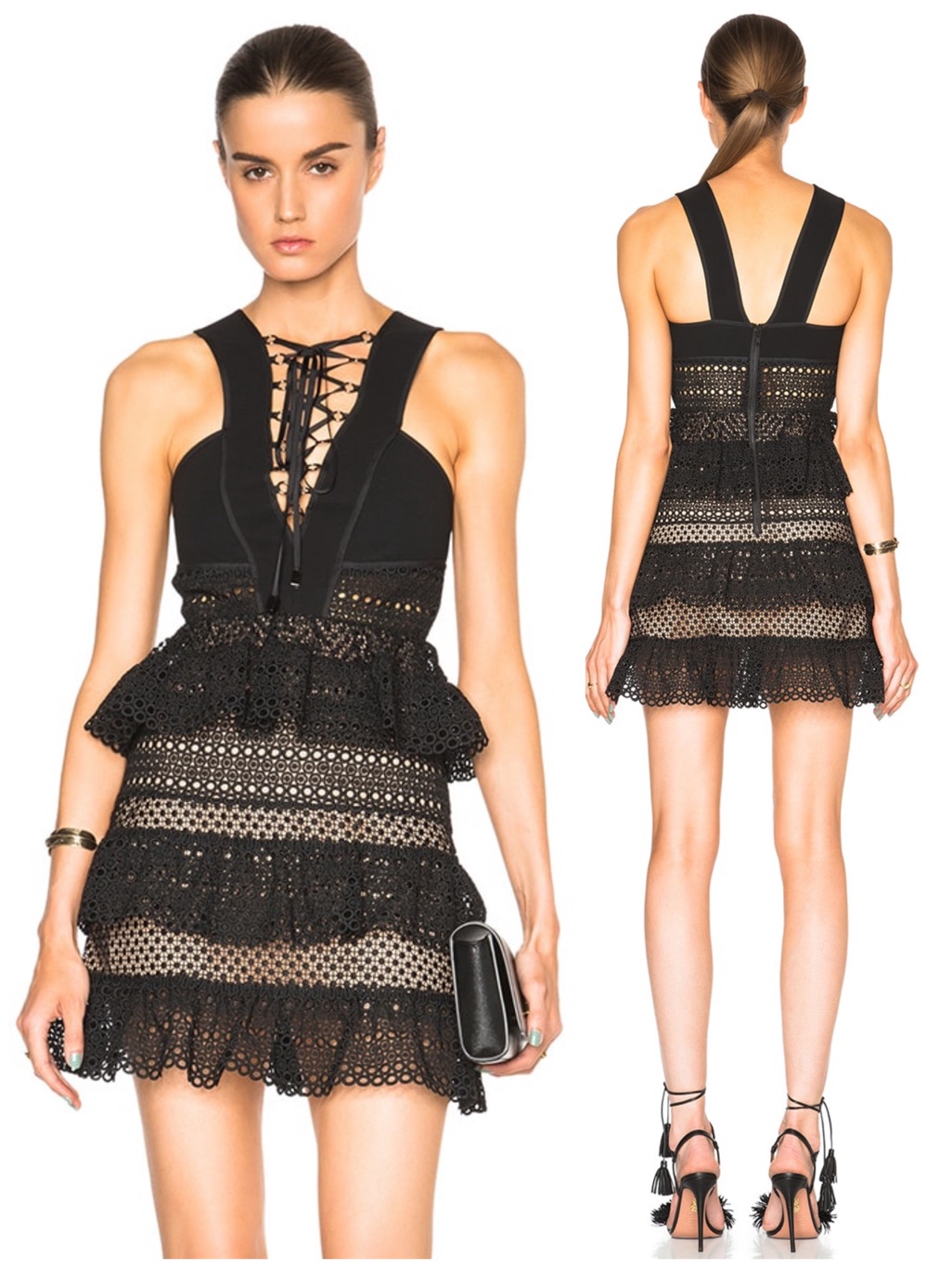 Self-Portrait Black Lace-Up Peplum Tiered Cocktail Mini Dress Nwot $739